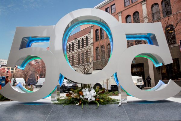 505 Nashville illuminated architectural sculpture sign with dimensional 50 design at street level