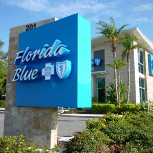 Florida Blue corporate monument sign with a sleek stone finish.