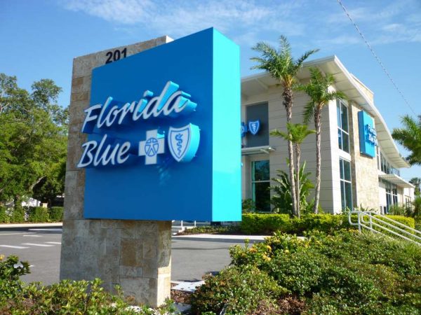 Florida Blue corporate monument sign with a sleek stone finish.