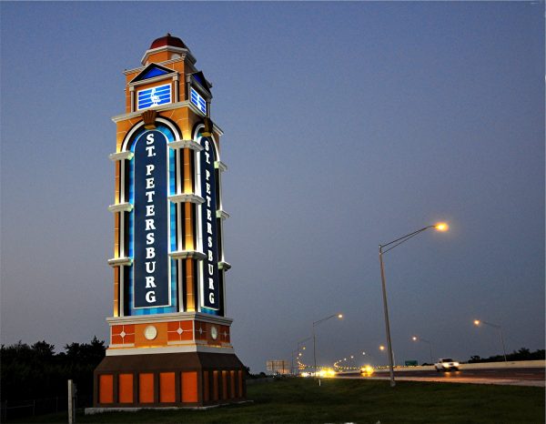 St Petersburg monument sign tower with illuminated channel letters at city gateway entrance