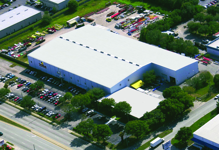 Aerial view of Thomas Sign & Awning’s large manufacturing facility in Clearwater, Florida, showcasing nationwide signage production capacity