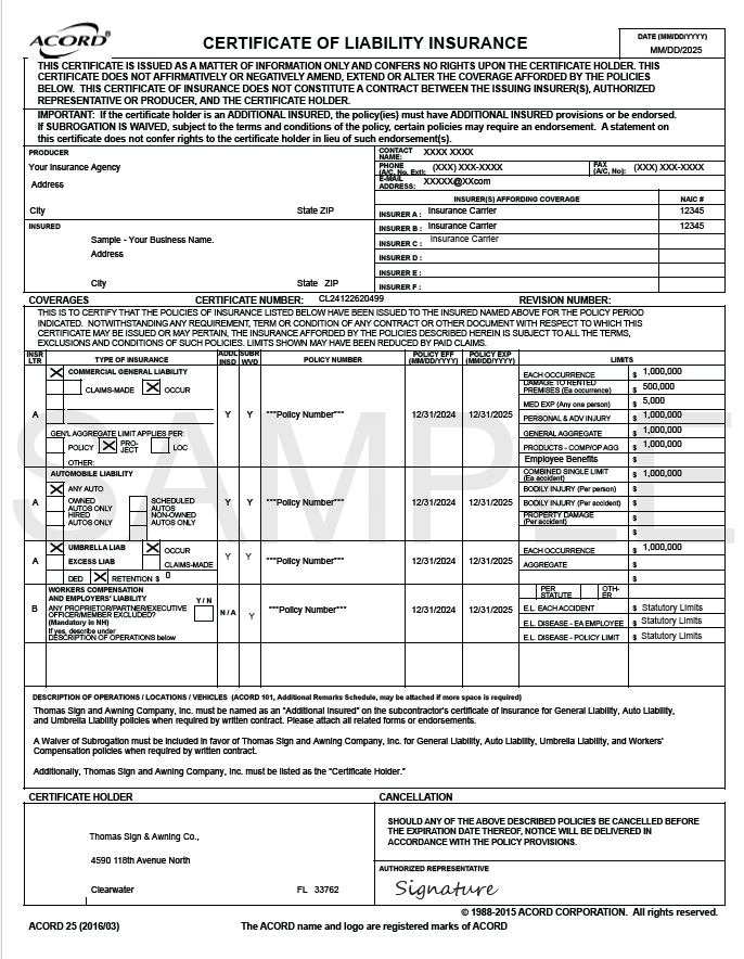 Insurance Accord Form