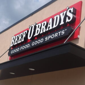 Illuminated channel letter sign for Beef 'O' Brady’s restaurant fabricated and installed by Thomas Sign & Awning.