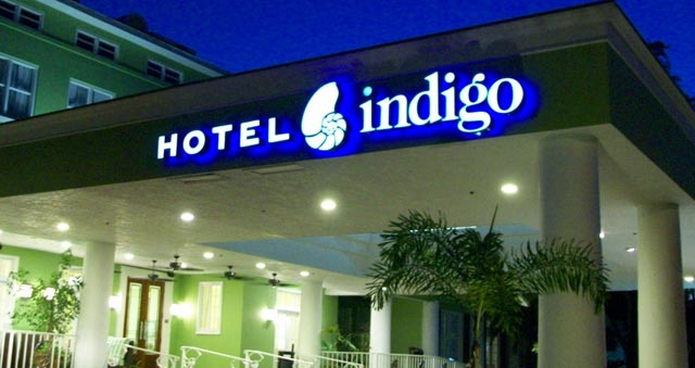 Dual-lit channel letter sign for Hotel Indigo fabricated and installed by Thomas Sign & Awning in Tampa, Florida.