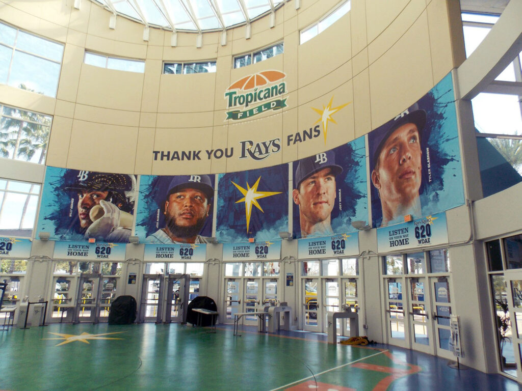 Custom large format environmental graphics in stadium interior showcasing Tampa Bay Rays branding