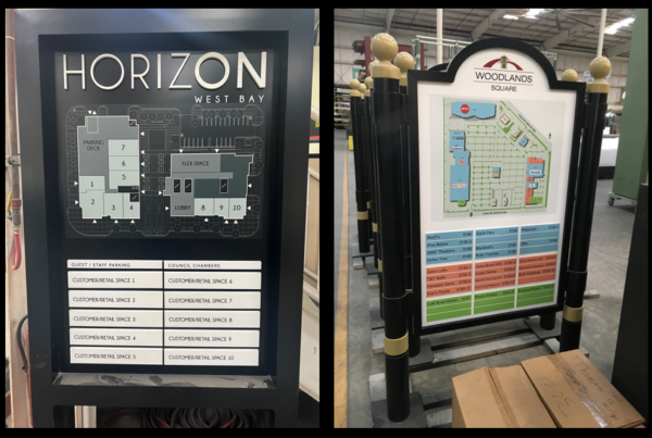Wayfinding directory signs showing site map and tenant listings for commercial property navigation