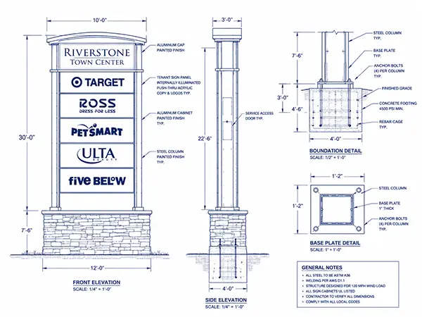 Commercial pylon sign structural engineering blueprint showing front elevation, side elevation, foundation details, and steel support framework.