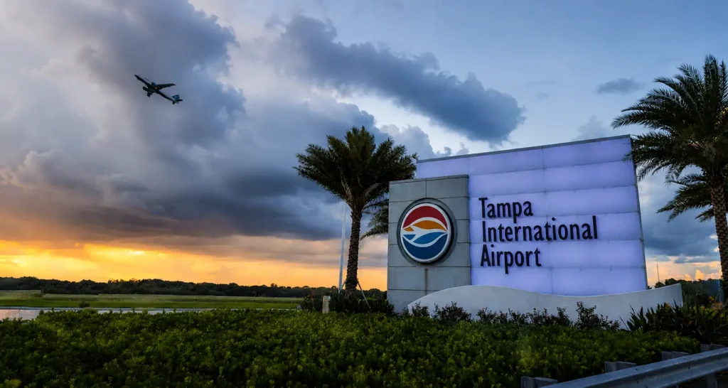 Illuminated Tampa International Airport monument sign at entrance during sunset