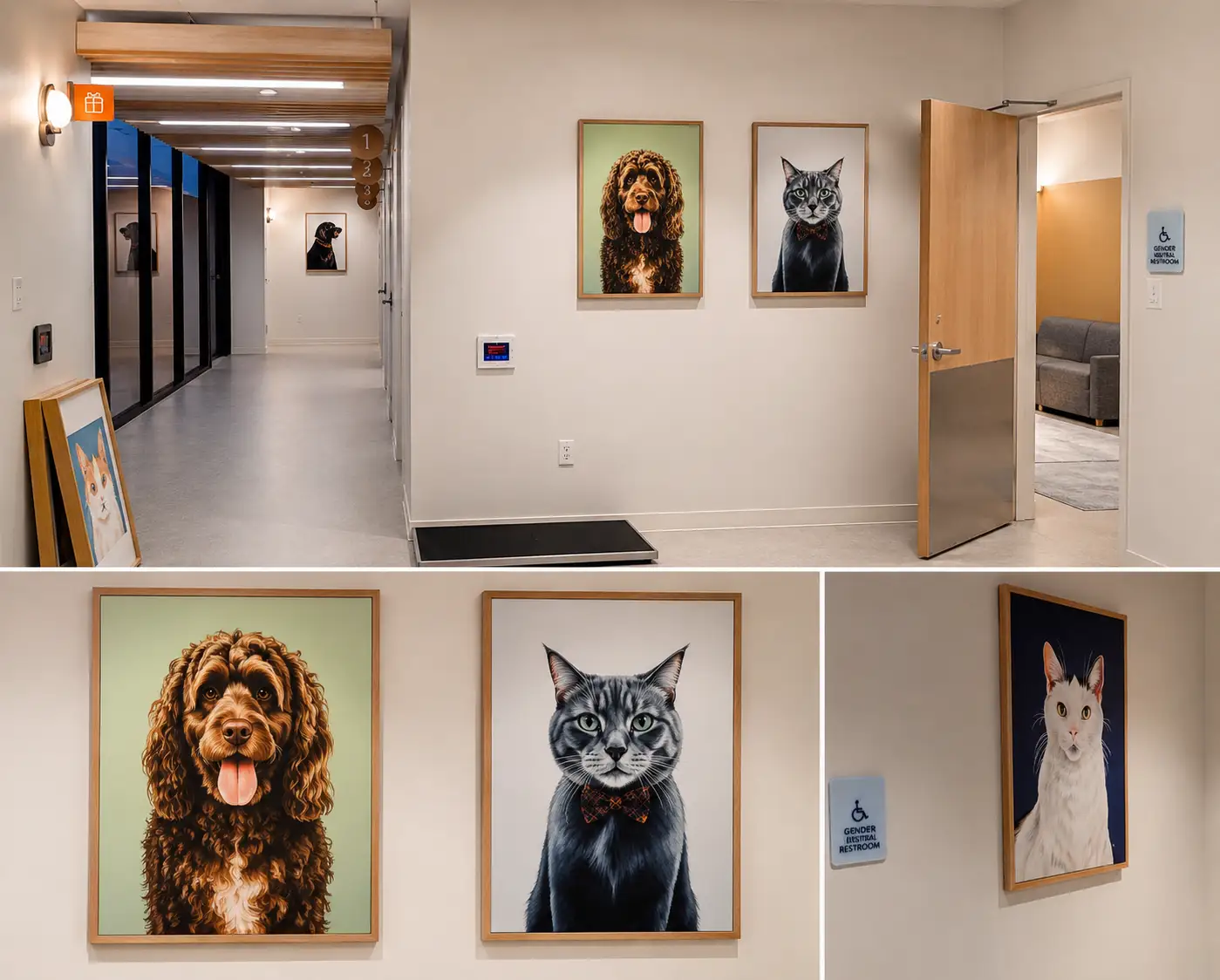 Chewy Vet Care interior signage featuring custom pet graphics and branded environmental graphics.