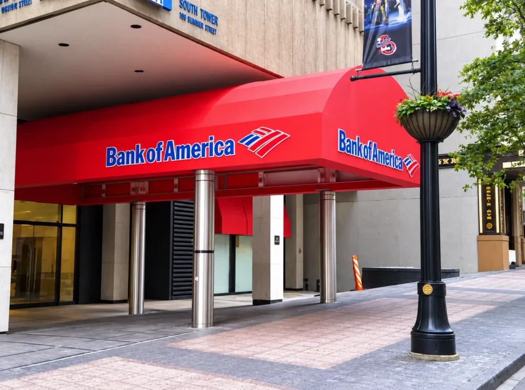 Bank of America branded awning with exterior identification signage