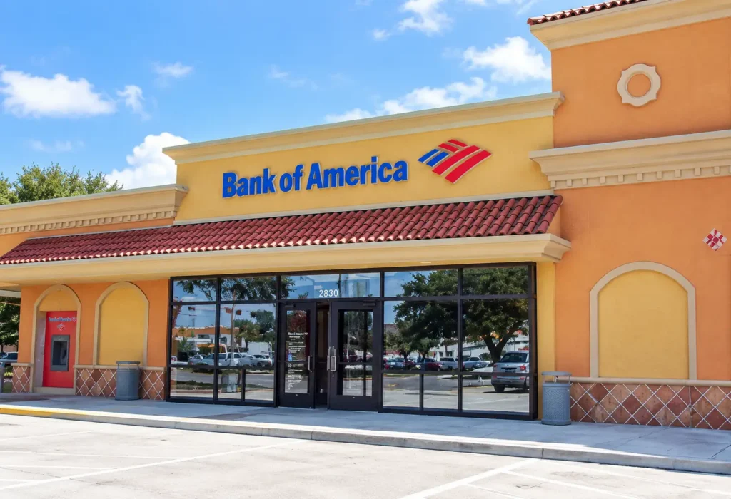 Bank of America exterior building signage installed as part of a multi-location signage program