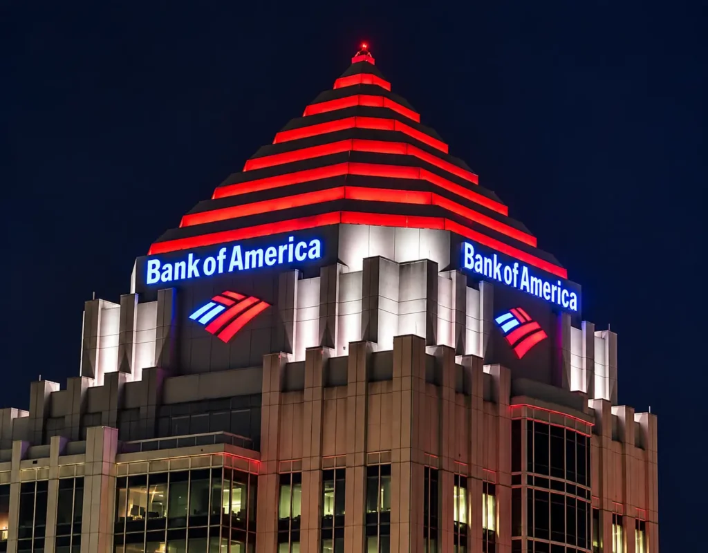 Bank of America illuminated building signage installed on a high-rise building at night