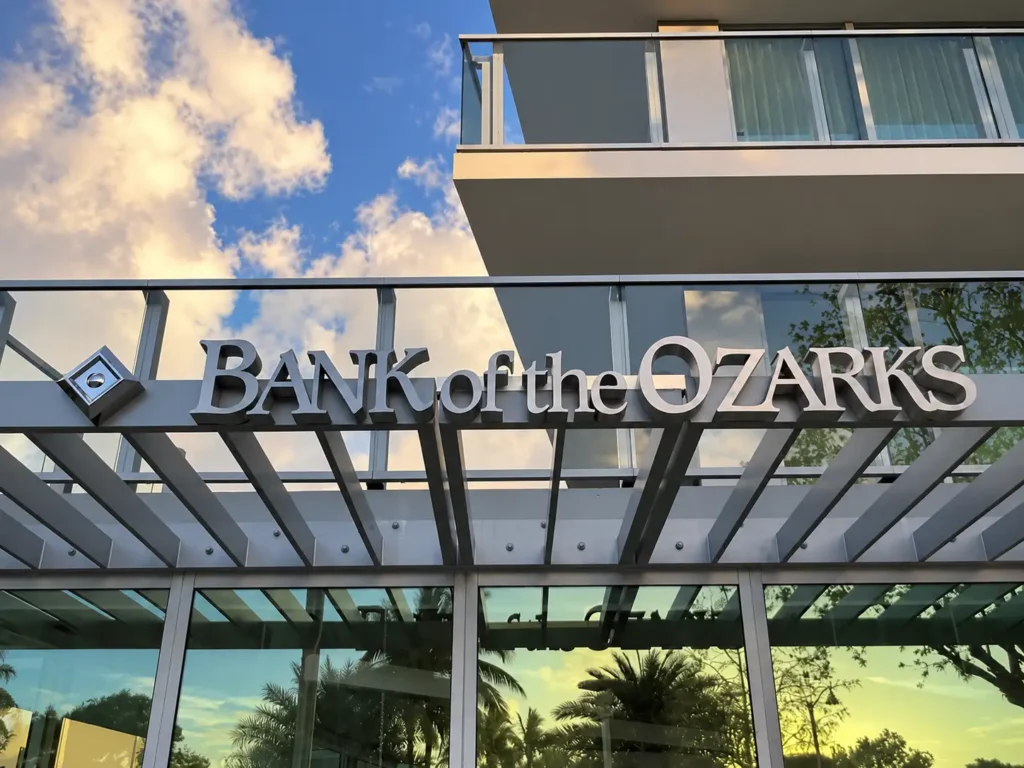 Bank of the Ozarks exterior channel letters installed as part of a multi-location rebranding program