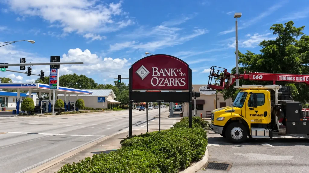 Bank of the Ozarks monument sign installation by Thomas Sign