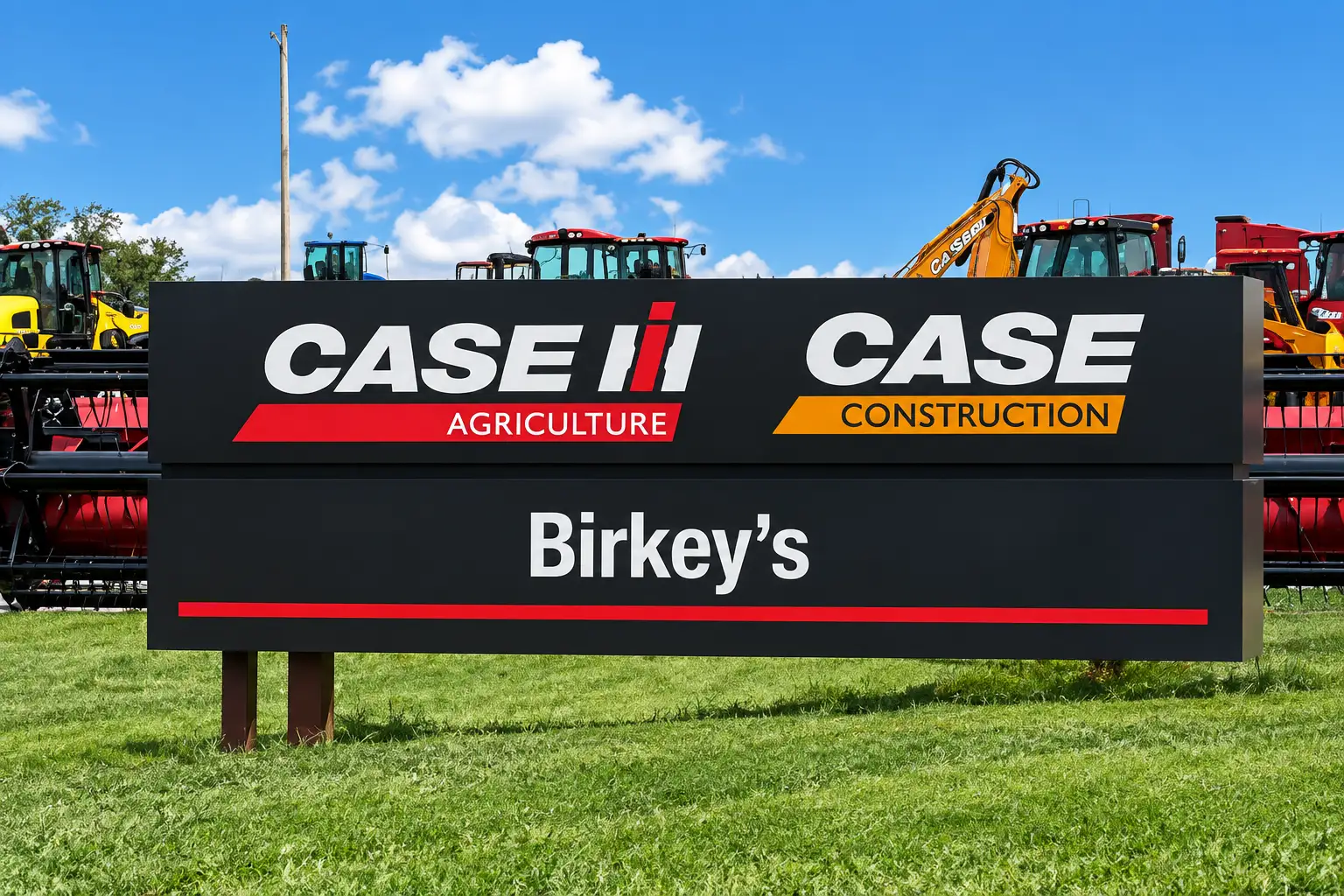 Case IH and CASE Construction monument sign at Birkey’s dealership as part of a nationwide dealership sign program.