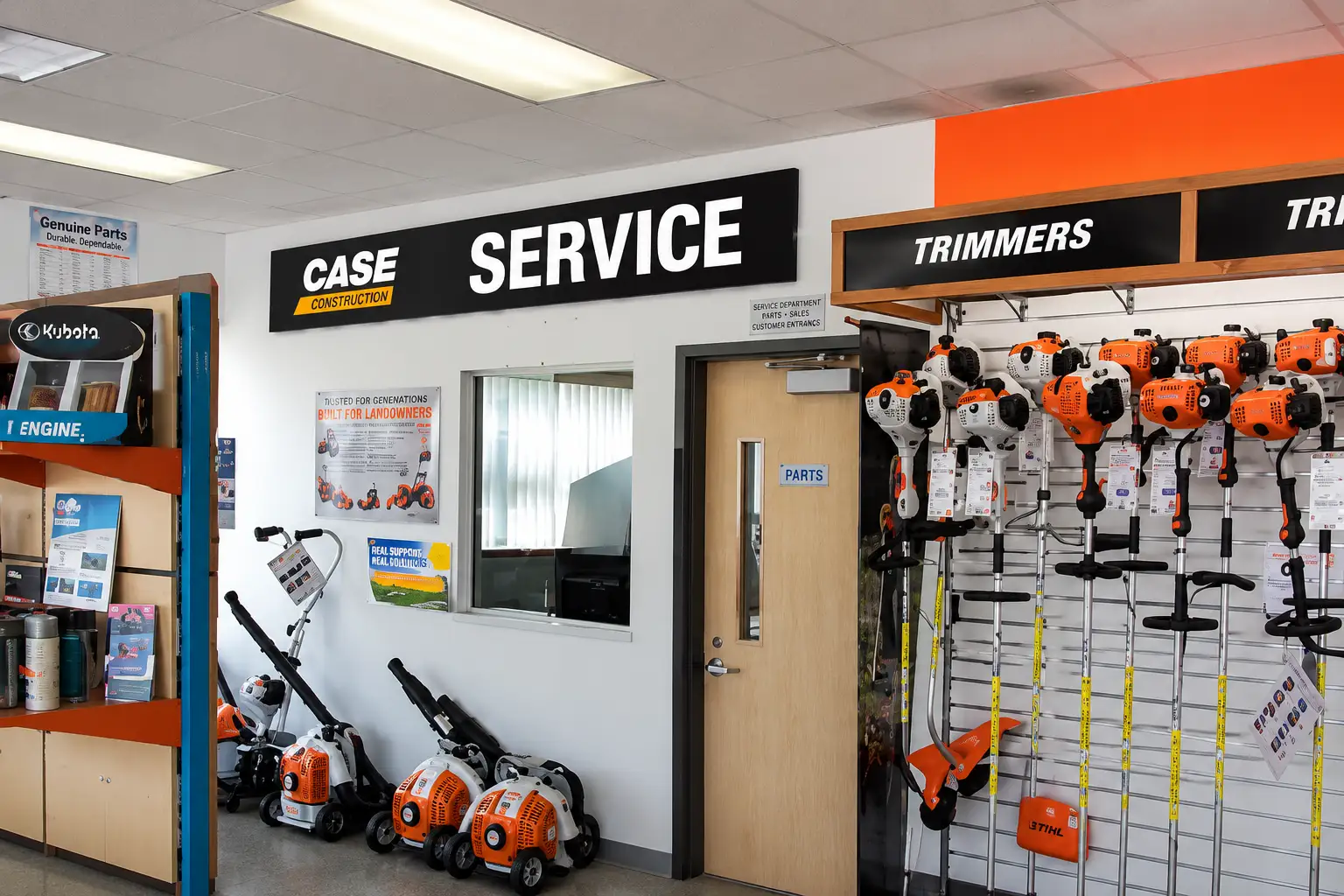 Case IH interior service signage installed at a dealership as part of a nationwide sign conversion program.