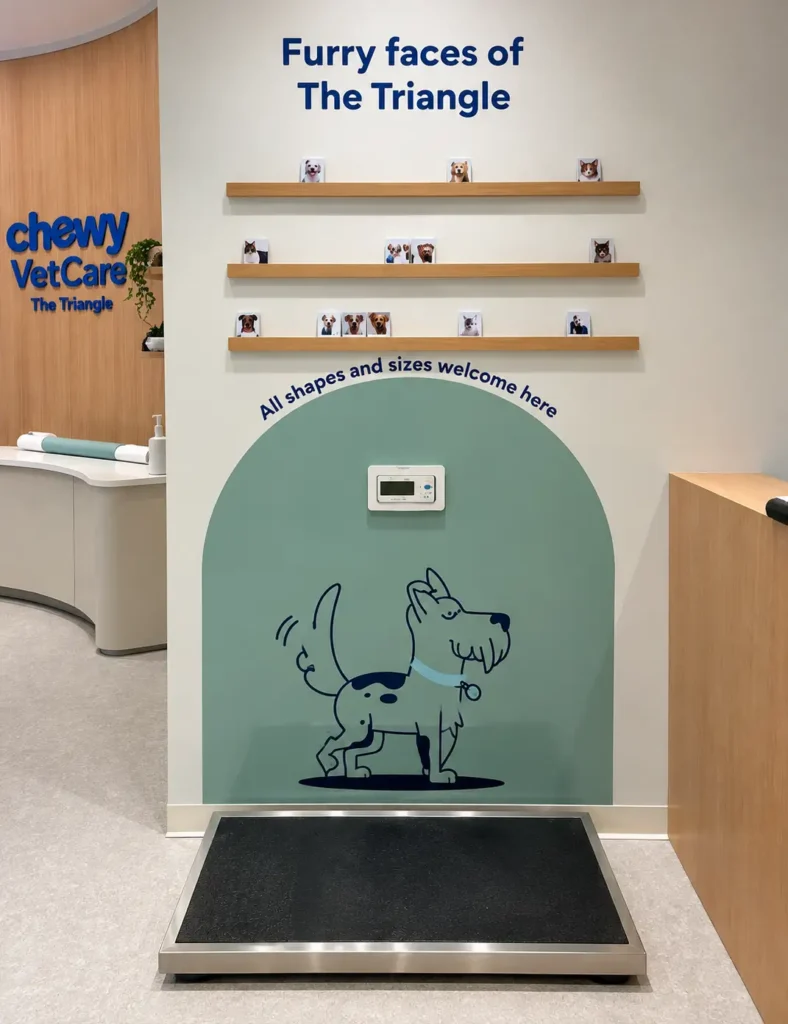 Chewy Vet Care branded pet scale area with custom interior graphics and signage.