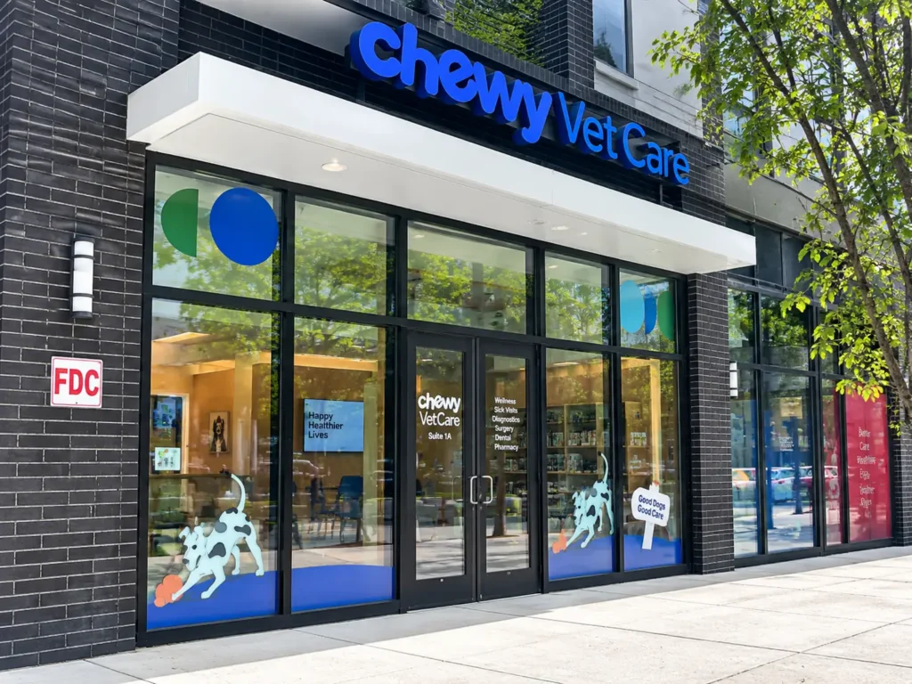 Chewy Vet Care storefront with exterior building signage and branded window graphics