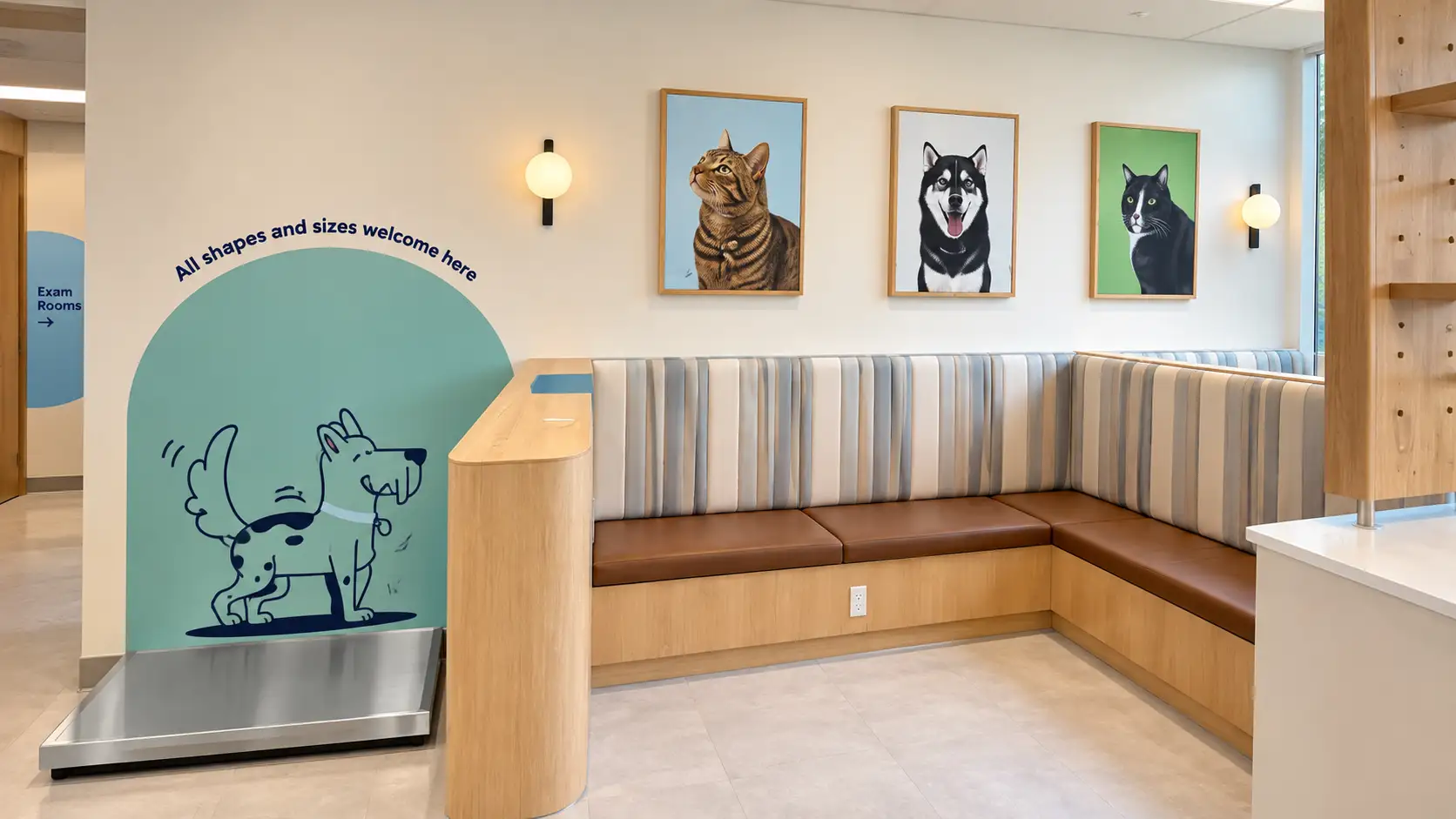 Chewy Vet Care waiting area with custom interior wall graphics, pet scale branding, and animal artwork.