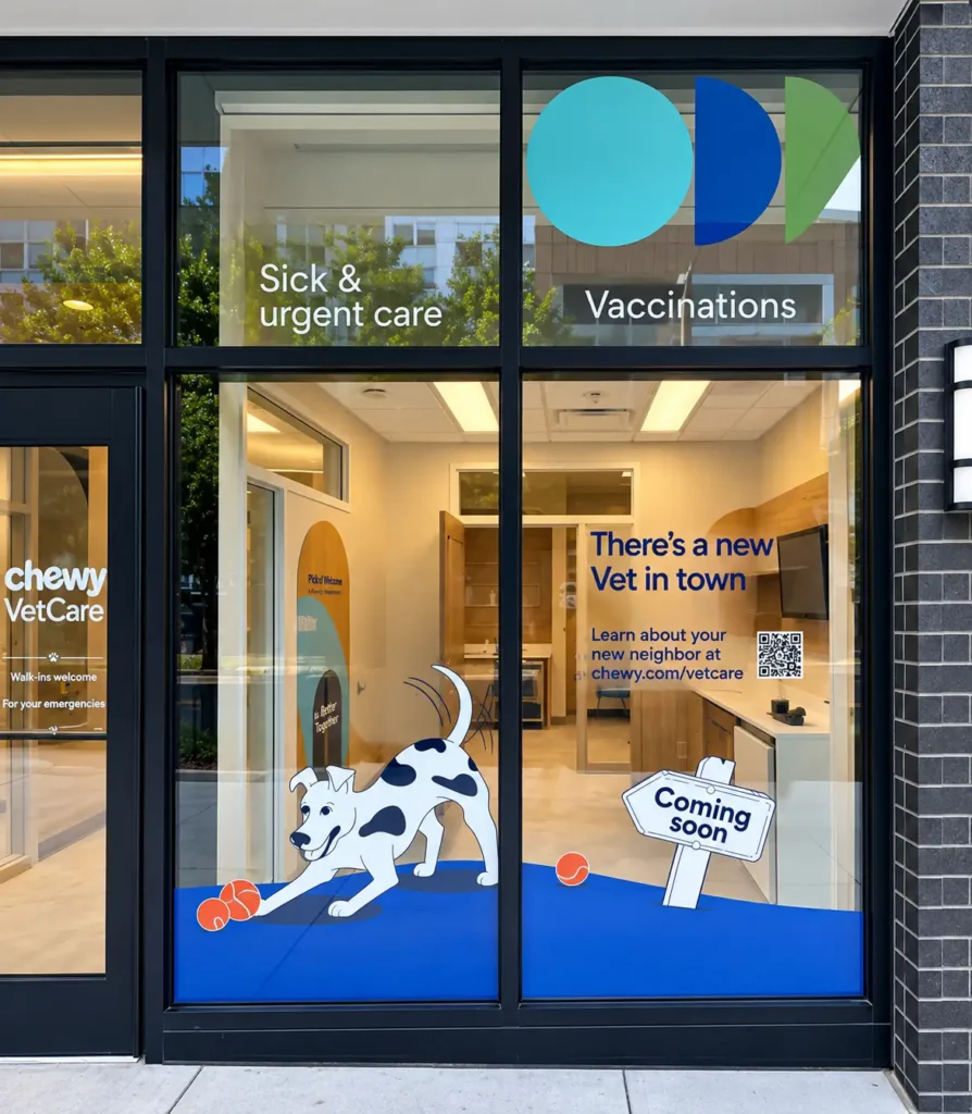 Chewy Vet Care storefront window graphics with branded dog artwork and service messaging