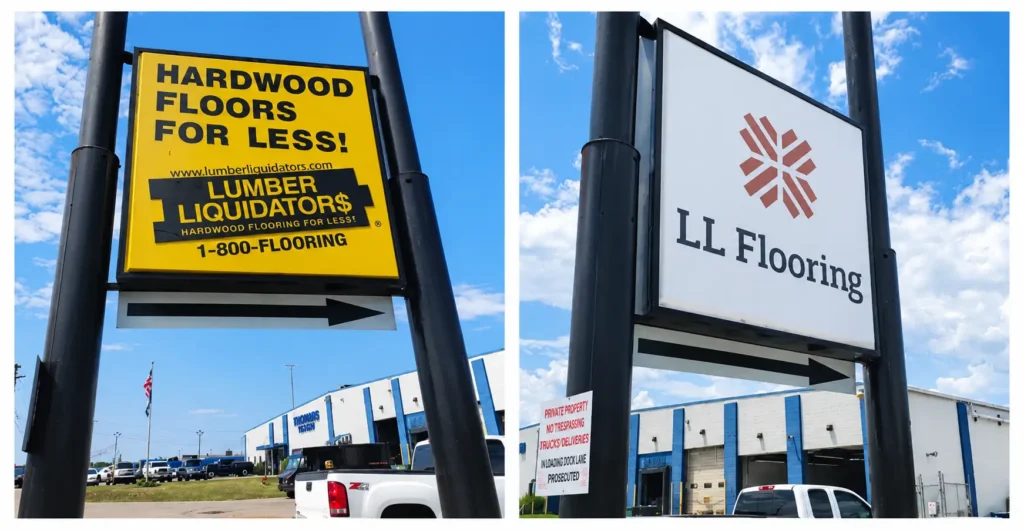Lumber Liquidators to LL Flooring sign conversion showing before and after rebranding