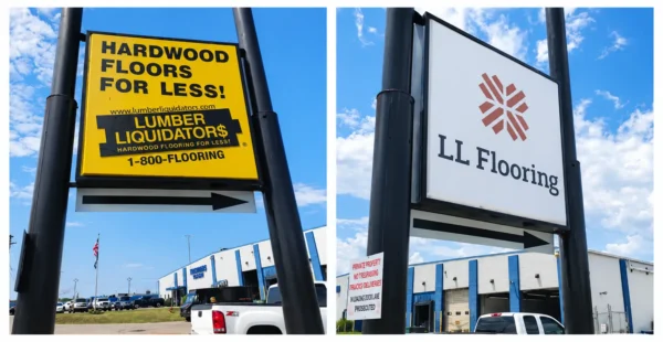 Lumber Liquidators to LL Flooring sign conversion showing before and after rebranding
