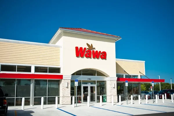 Wawa storefront with red dimensional channel letter signage above the main entrance