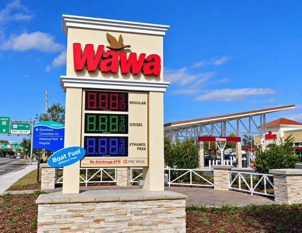 Wawa pylon sign with digital fuel price displays