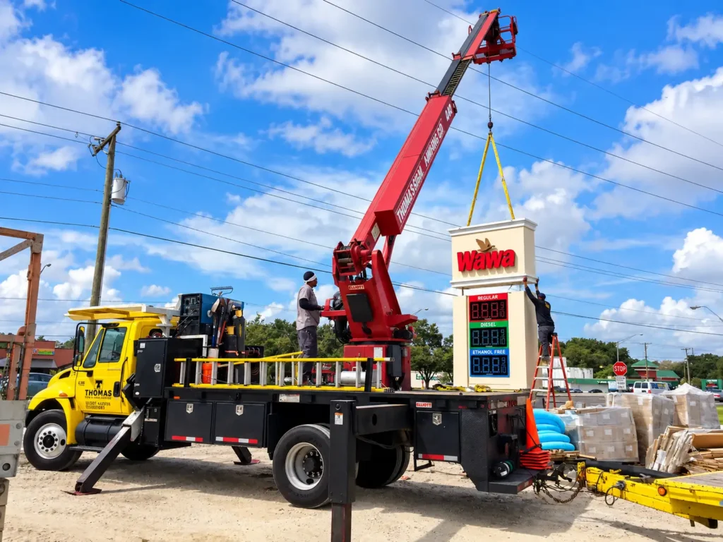 Thomas Sign crew installing a Wawa pylon sign