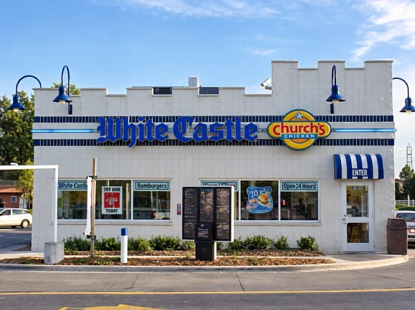 White Castle restaurant exterior with wall signage