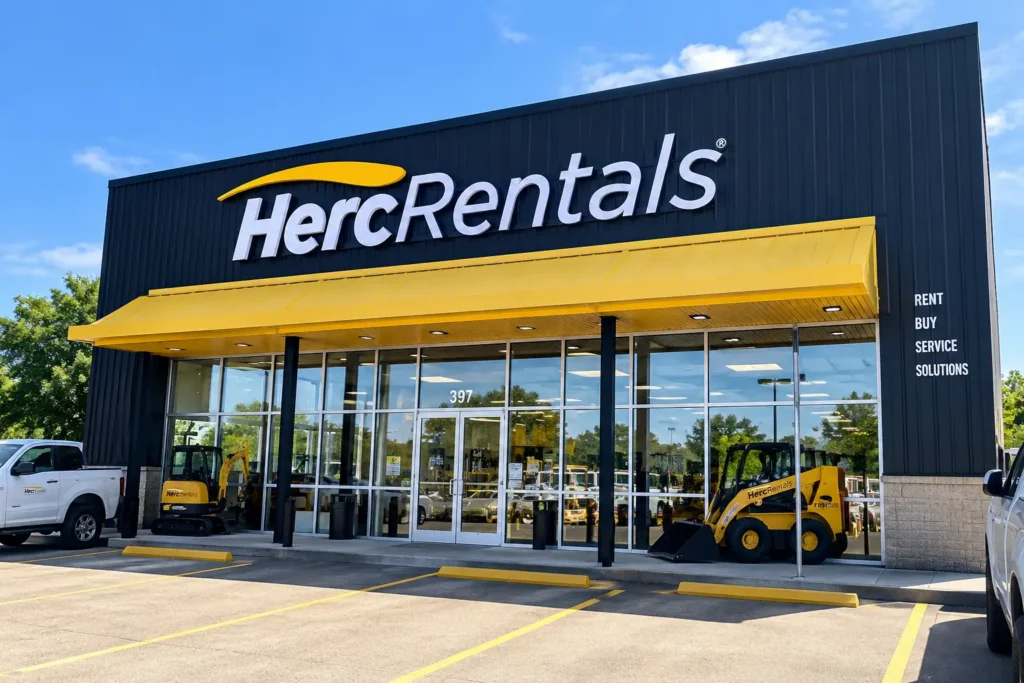 Herc Rentals storefront with exterior building signage and awning