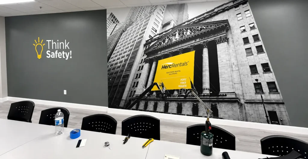 Herc Rentals interior conference room with branded wall graphics and Think Safety signage
