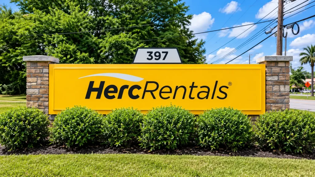 Herc Rentals yellow monument sign with branded landscaping