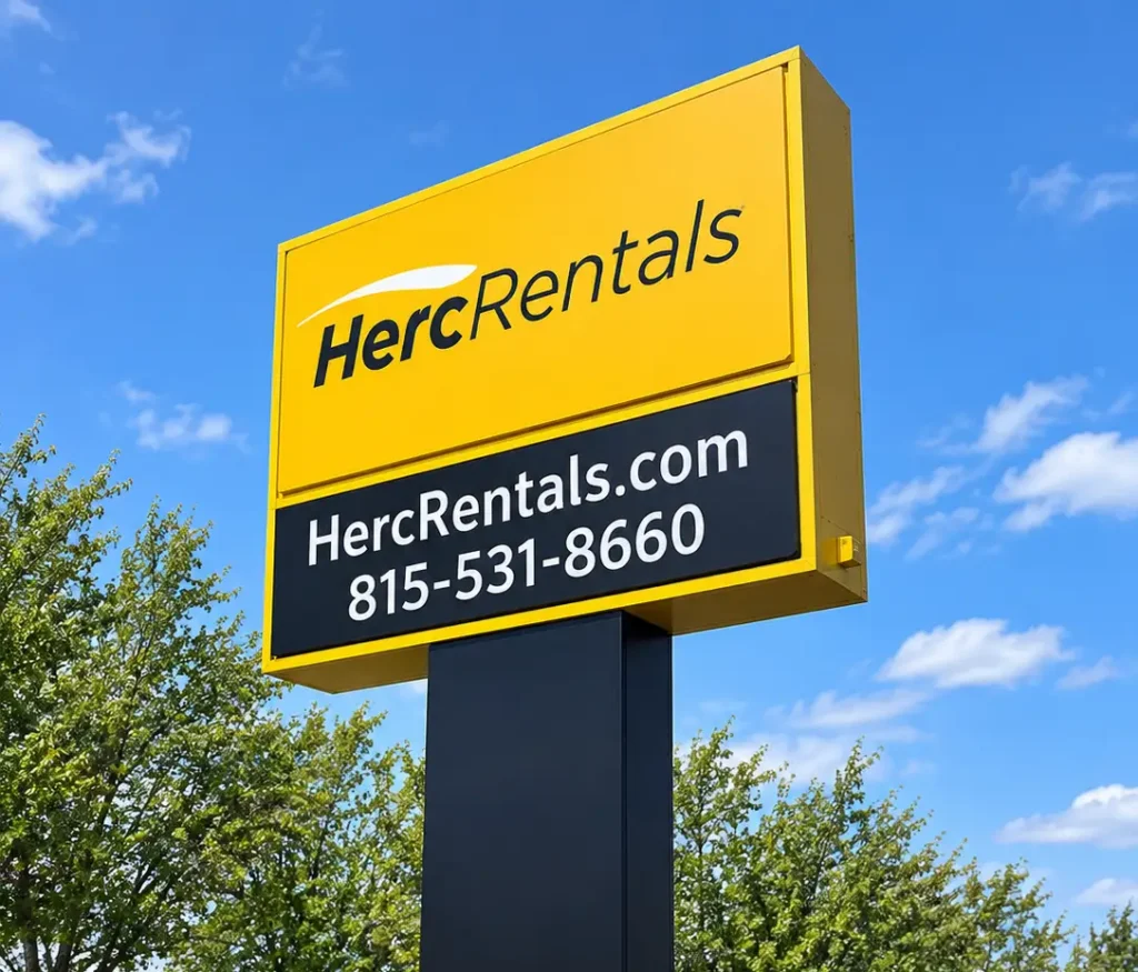 Herc Rentals freestanding pylon sign with branded sign cabinet