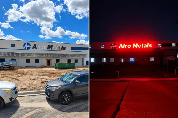 Daytime installation and nighttime view of illuminated Alro Metals channel letters in Oviedo, Florida