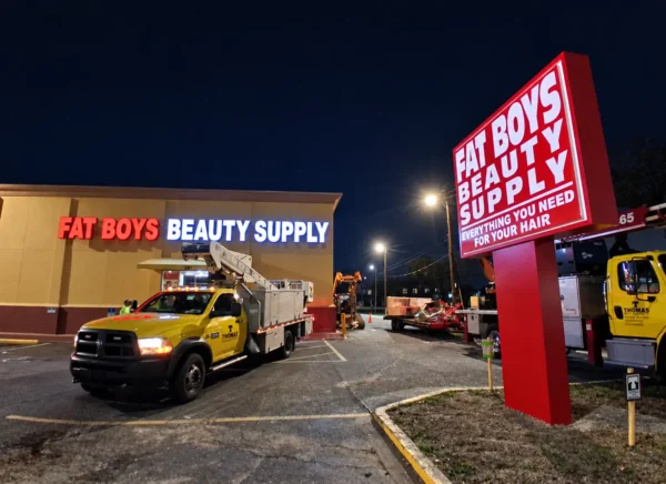 Illuminated Fat Boys Beauty Supply channel letters and red pylon sign at night in St. Petersburg, Florida