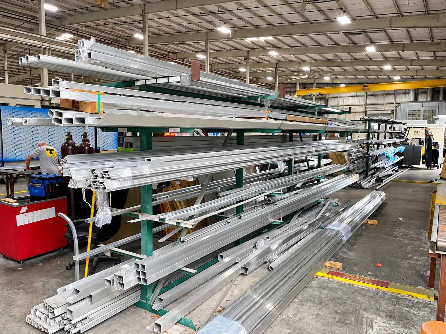 Aluminum extrusions and metal stock stored at Thomas Sign & Awning's manufacturing facility in Clearwater, Florida.