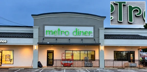 Metro Diner storefront with illuminated green channel letters and an inset close-up of the letter faces and returns