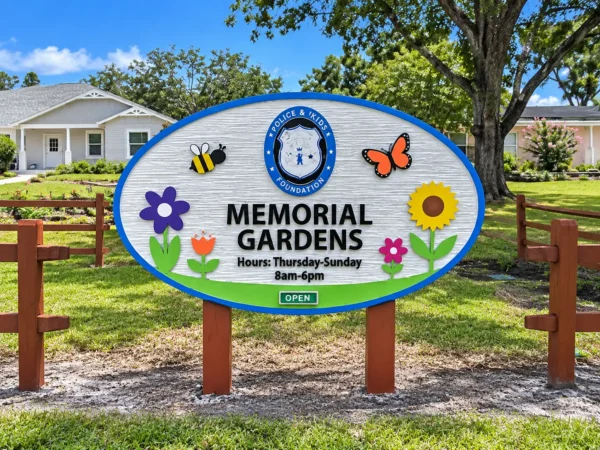 Custom Memorial Gardens sign with dimensional lettering and colorful graphics for the Police & Kids Foundation in Pinellas Park, FL.