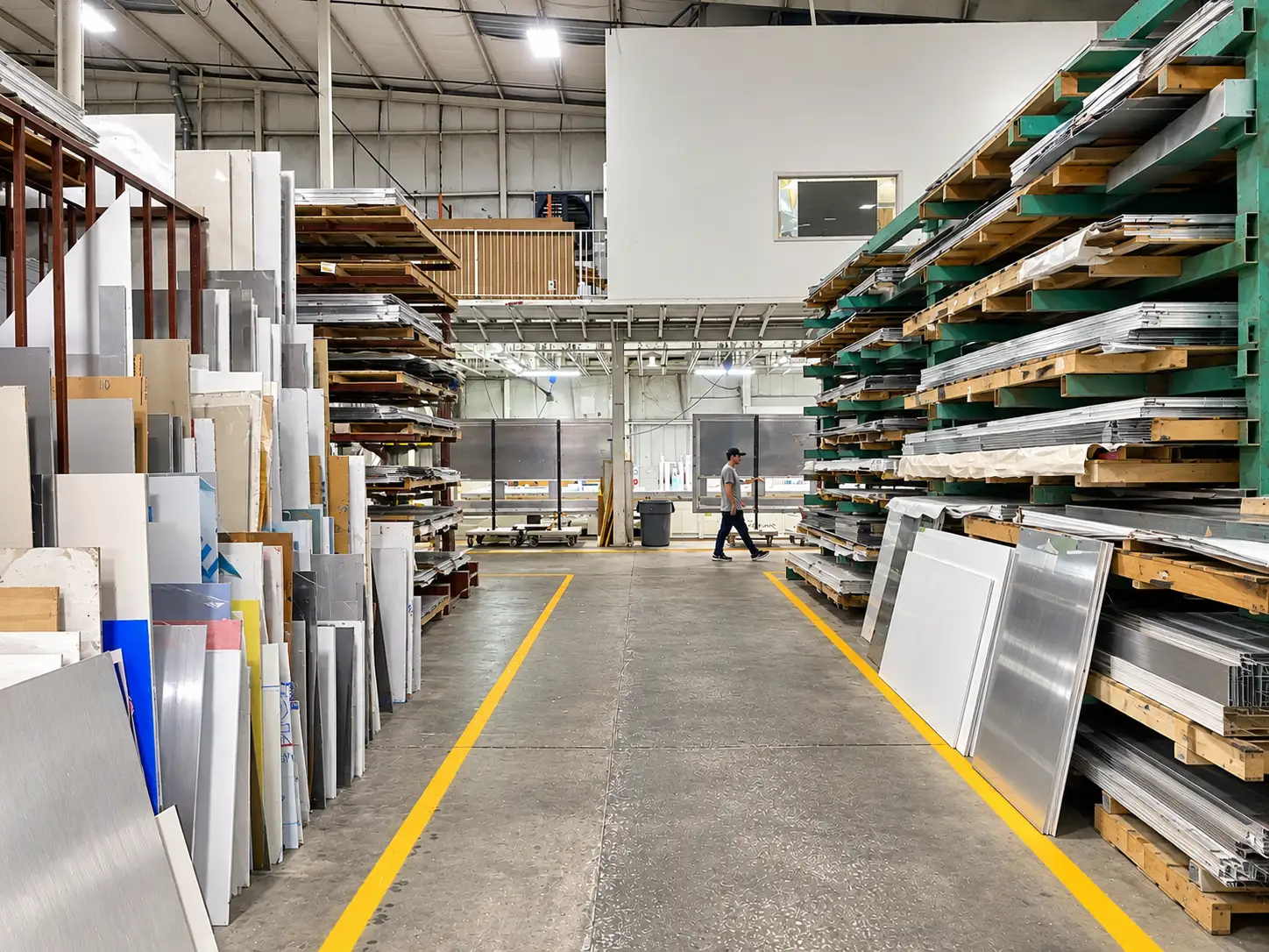 Sheet metal and aluminum panels stored in the Thomas Sign & Awning manufacturing facility in Clearwater, Florida.