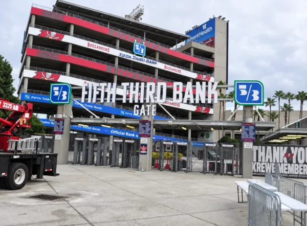 Fifth Third Bank channel letters and blue and green logo signs above a stadium entrance in Tampa