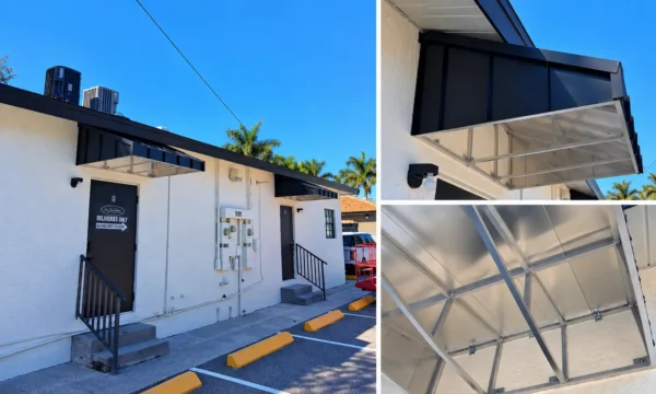 Custom standing seam metal awnings with aluminum framing at Langford Properties in St. Petersburg, Florida.