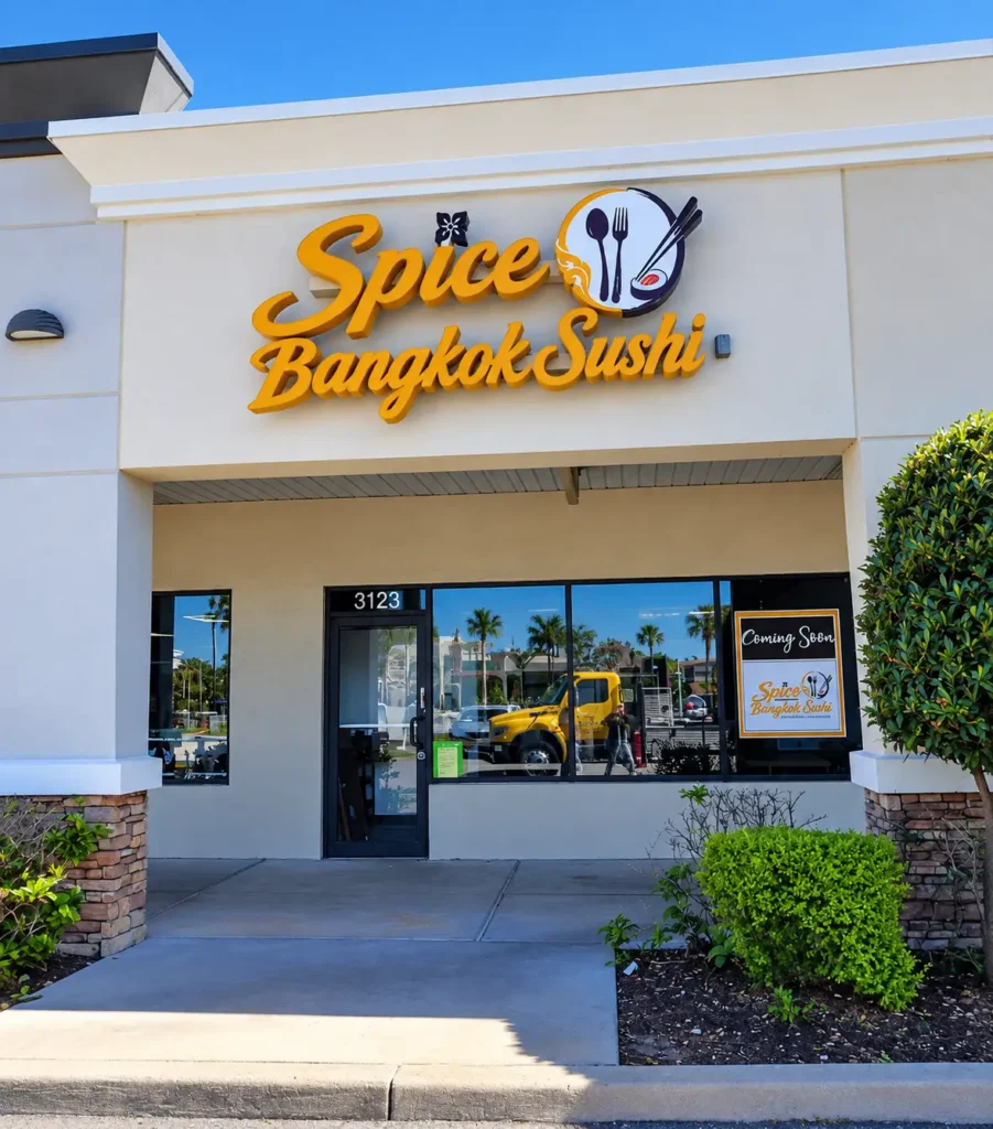 Custom Spice Bangkok Sushi channel letter sign and logo installed in Lakeland, Florida.