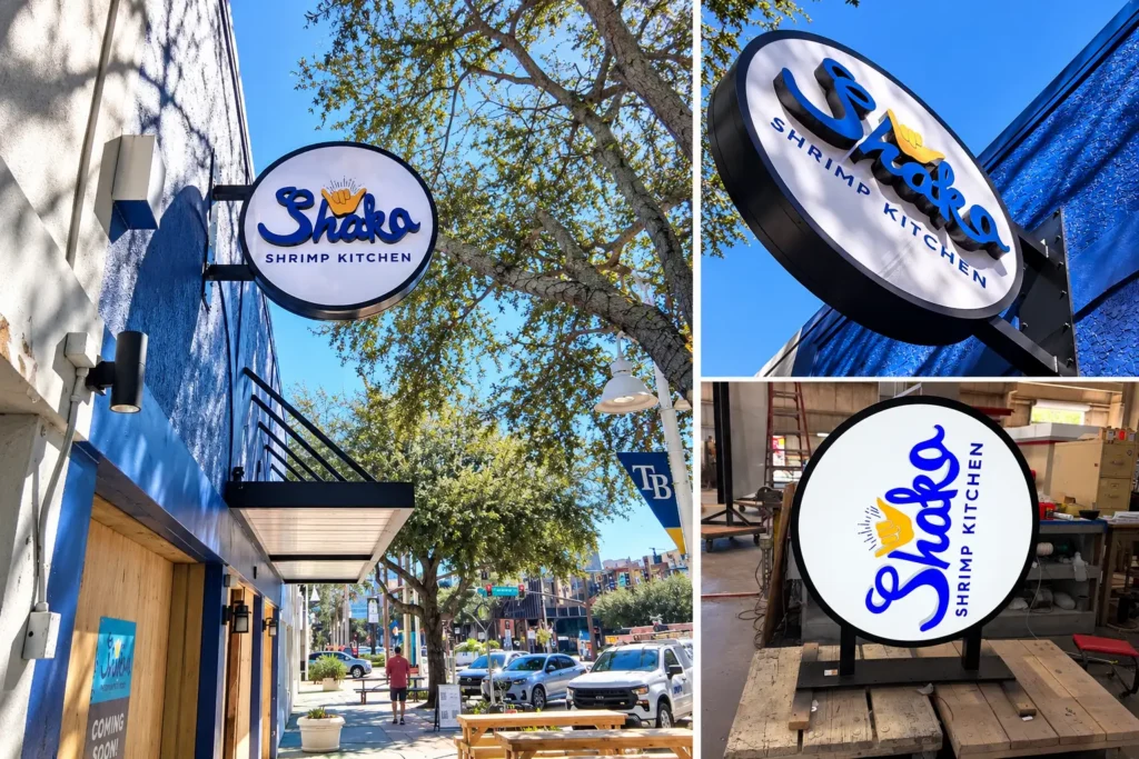 Custom illuminated blade sign with dimensional channel letters for Shaka Shrimp Kitchen in St. Petersburg, Florida.