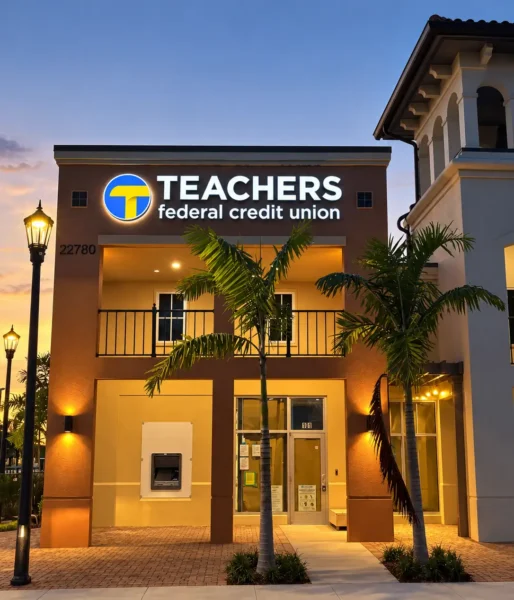 Illuminated Teachers Federal Credit Union channel letters and circular logo above the Estero branch entrance at dusk