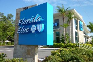 Florida Blue corporate monument sign with a sleek stone finish.