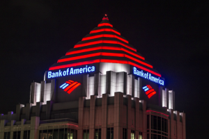 High-rise building signage with illuminated corporate branding on commercial office tower at night