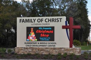 Monument sign with electronic message center display at Family of Christ Lutheran Church.